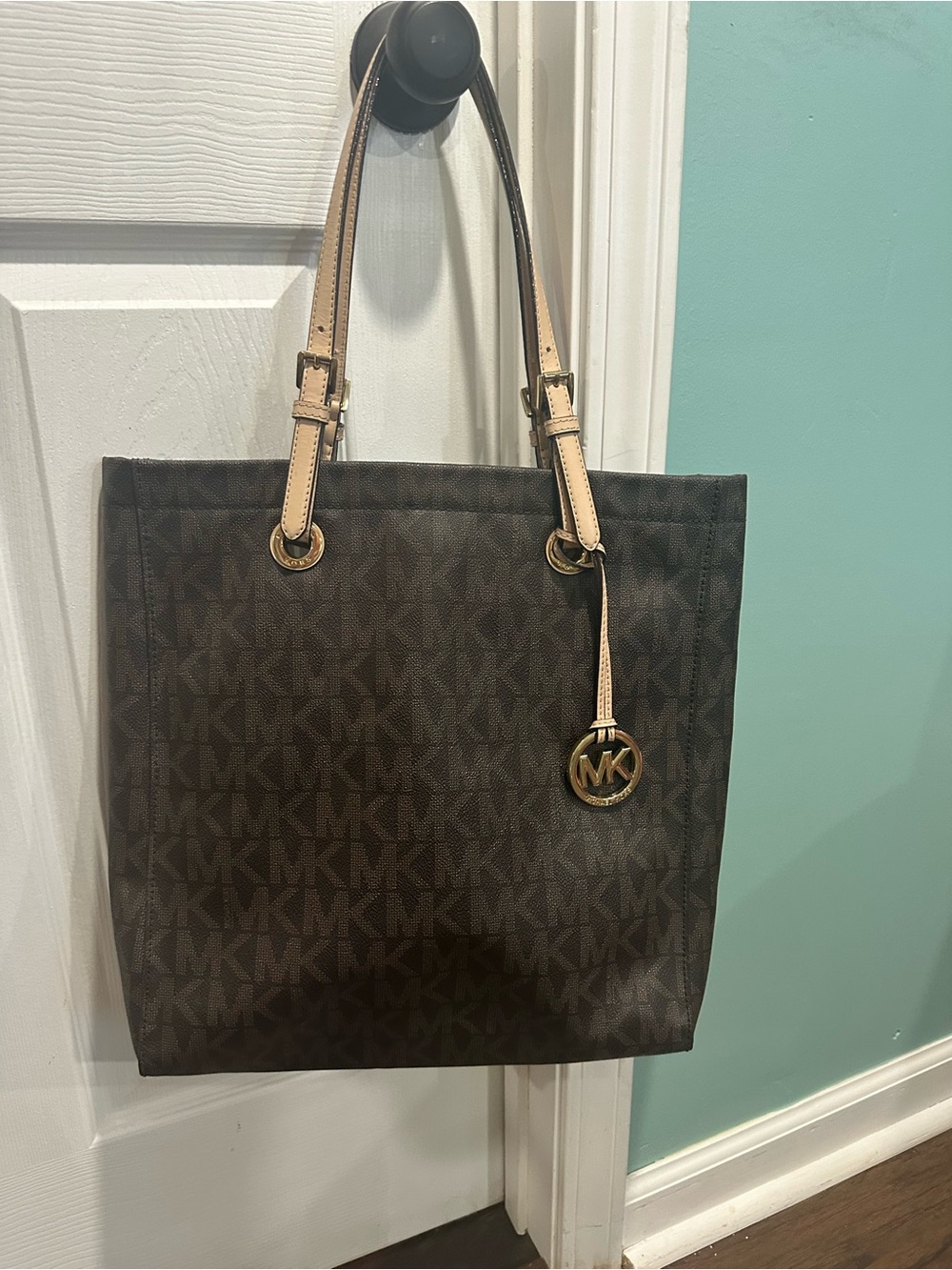 Michael Kors Brown & Tan Logo Tote with Gold Charm - Picture 1 of 9